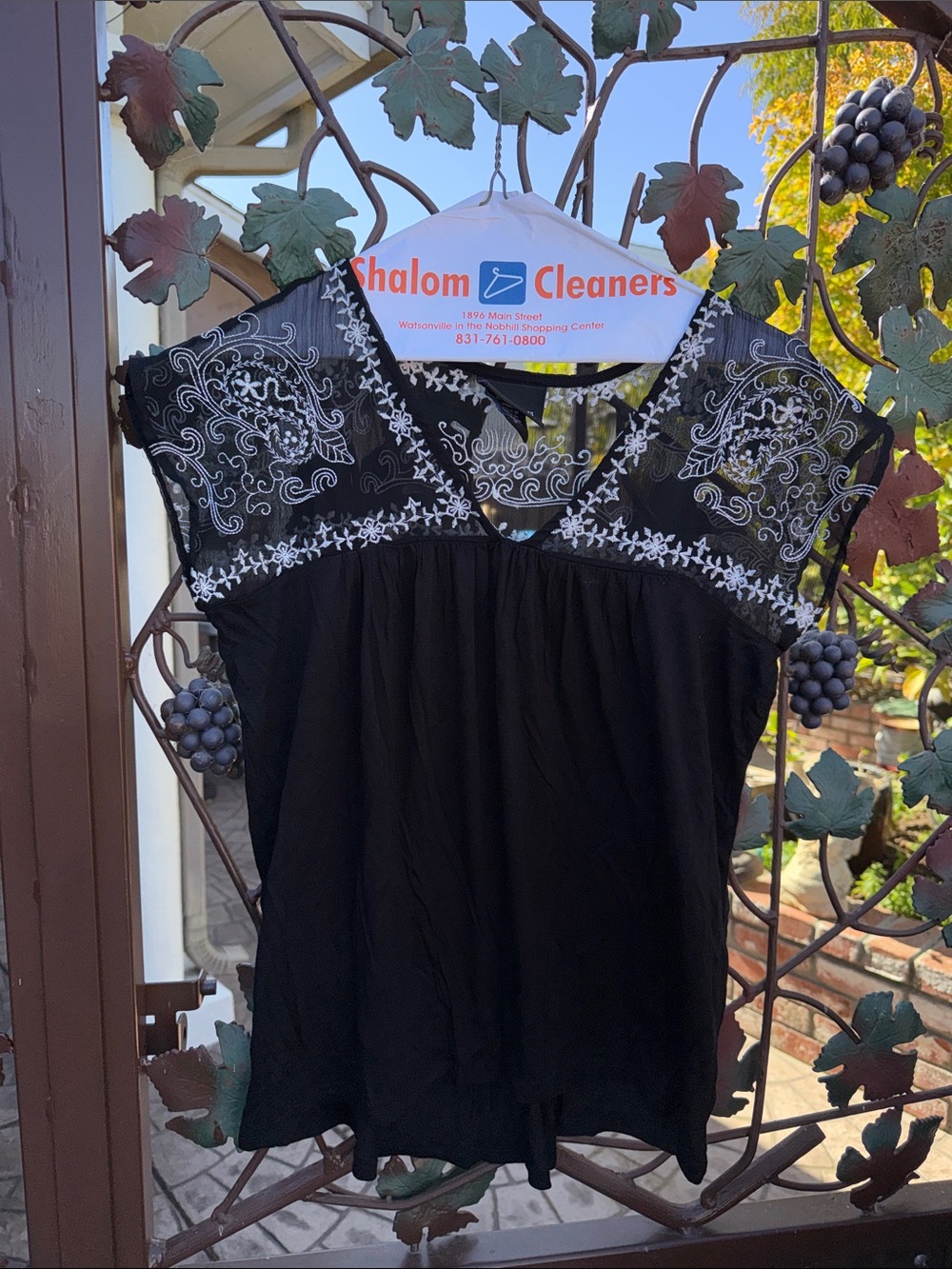 Black Embroidered Cap-Sleeve Blouse with Contrast White Stitching